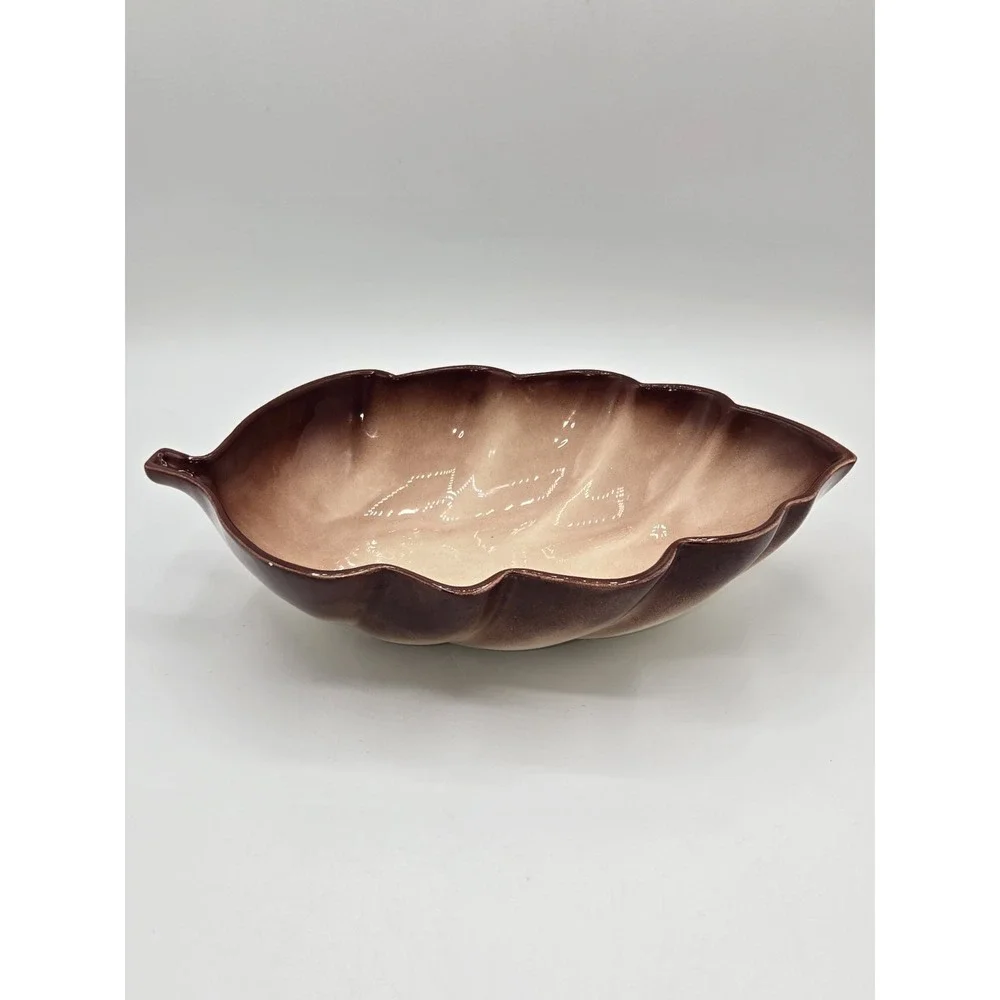 Vintage California Pottery Leaf Bowl Brown Drip Glaze 10
